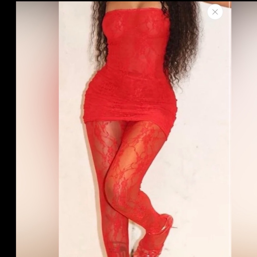Vibrant Red Lace Strapless Dress with Tights